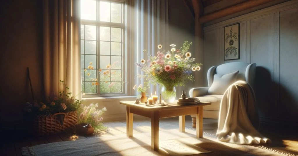 vardagsrum med blommor